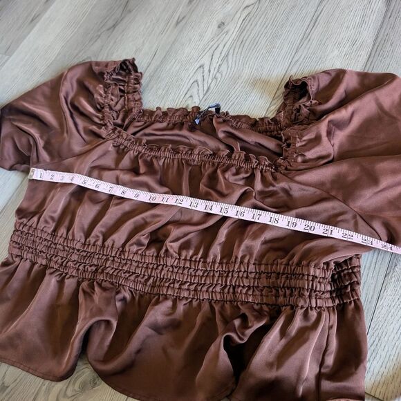 Eloquii Smocked Waist Peplum Puff Sleeve Peasant Brown Blouse Size 26 - Picture 6 of 7